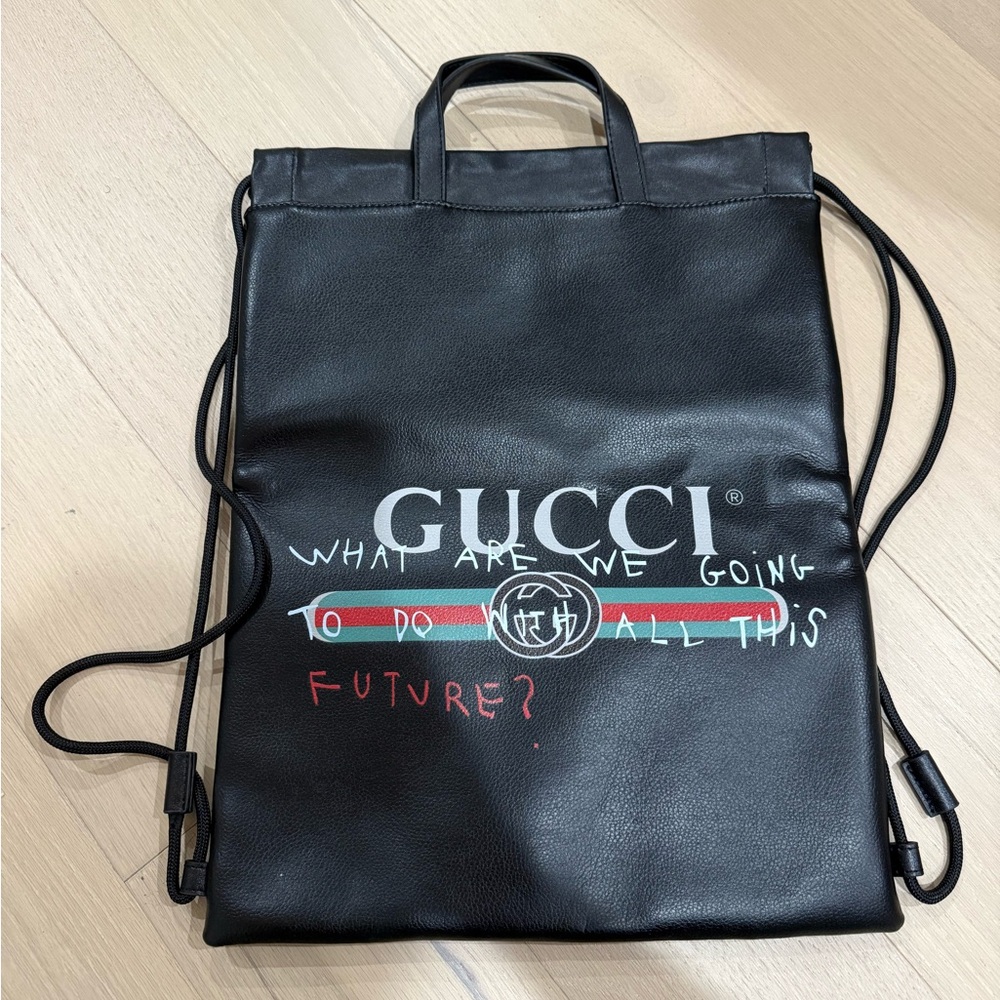 Black Leather Drawstring Backpack with Multicolor Print